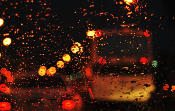 Picture road, glass, water, drops, the city, lights, rain, mood