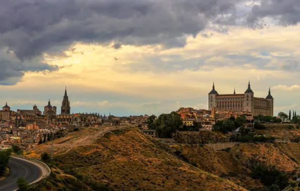Road, the sky, clouds, trees, landscape, home, Spain, Toledo