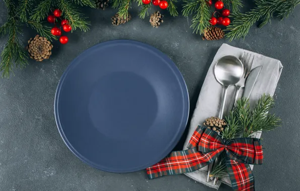 Branches, fruit, plate, Christmas, spoon, knife, New year, plug