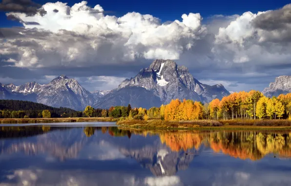 Picture autumn, forest, the sky, clouds, mountains, clouds, lake, river