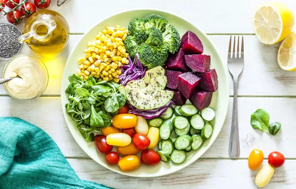 Greens, Board, oil, food, towel, corn, plate, plug