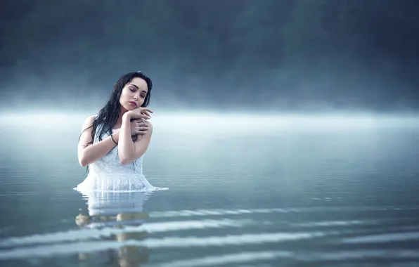Picture girl, fog, lake, calm, in the water, peace