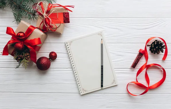 Background, New year, Holiday, bow, Notepad, Gifts, Handle