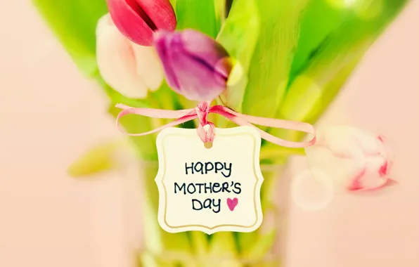 The inscription, tulips, heart, bow, blur, bokeh, postcard, mother's day