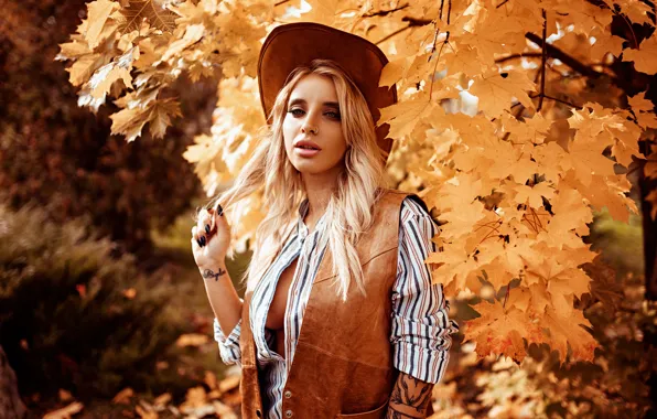 Autumn, leaves, girl, portrait, hat, blonde, maple, Julia Abrams