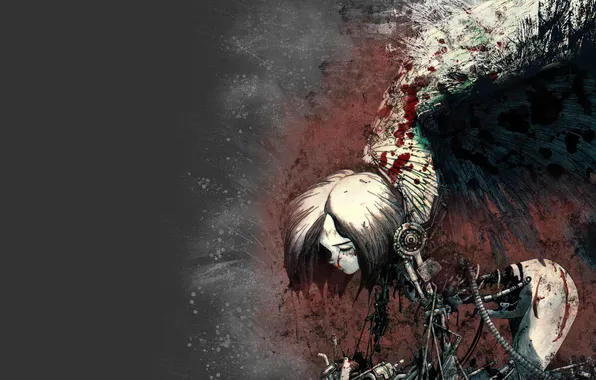 Blood, wings, girl, cyborg, metal