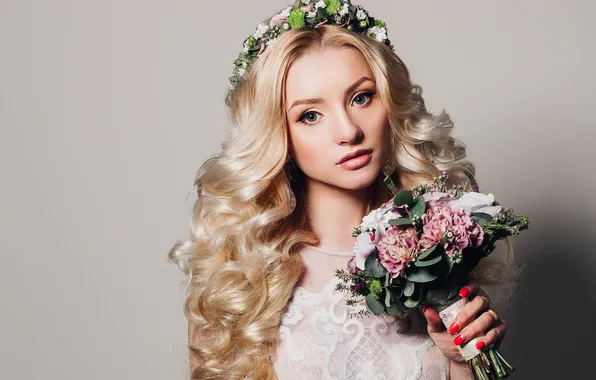 Picture girl, flowers, background, bouquet, makeup, hairstyle, blonde, wreath
