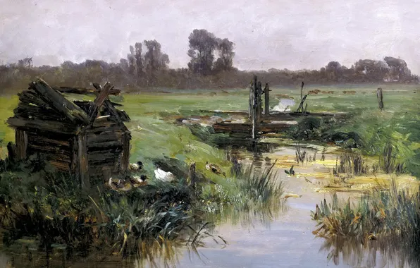 Grass, landscape, stream, picture, Carlos de Haes, Meadows Of Holland