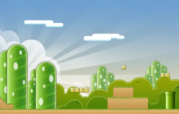 The sky, clouds, plants, pipe, Mario, boxes, mario
