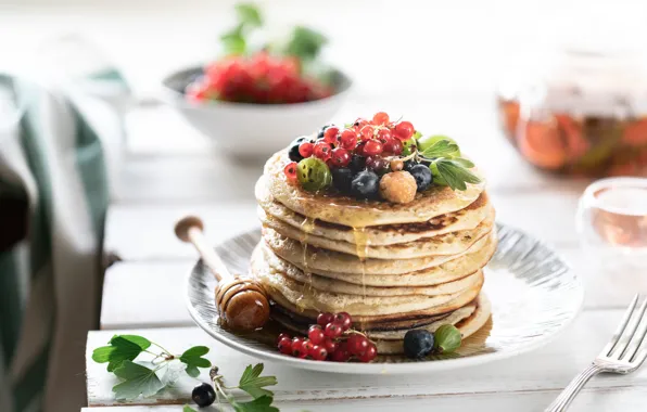 Berries, tea, honey, Cup, pancakes, blueberries, currant, raspberry