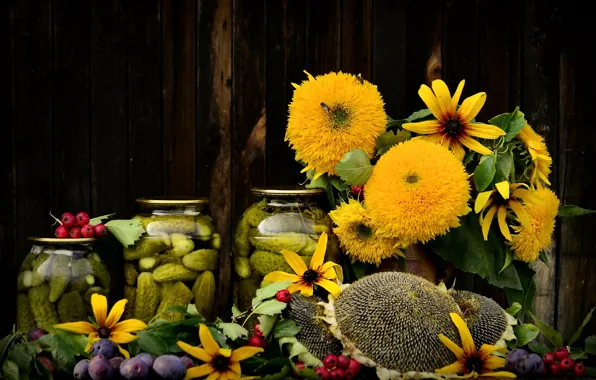 Picture autumn, flowers, bouquet, still life, plum, sunflower, September, cottage