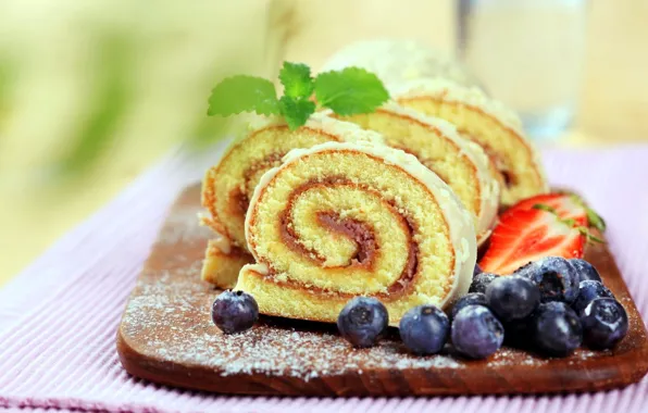 Berries, blueberries, mint, wood, roll, cutting Board, biscuit