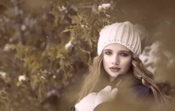 Look, girl, cap, mittens, bokeh