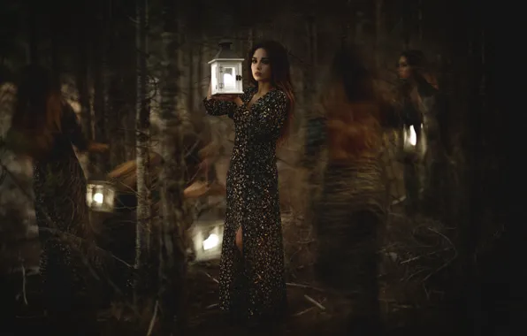 Forest, look, girl, trees, branches, darkness, girls, trunks
