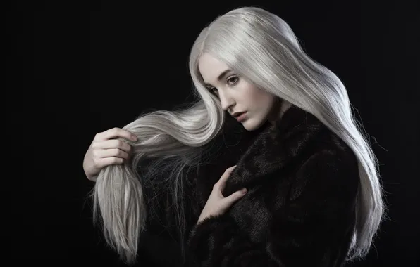 Picture girl, face, the dark background, portrait, blonde, beauty, coat, long hair