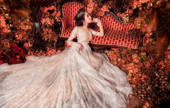 Girl, flowers, pose, sofa, white, roses, garden, Asian