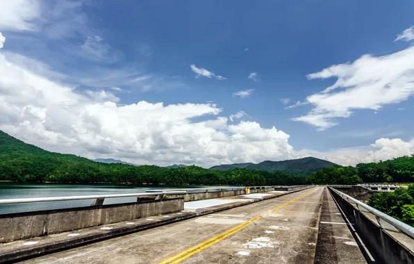 Road, forest, the sky, lake, tree, cloud, dam, USA