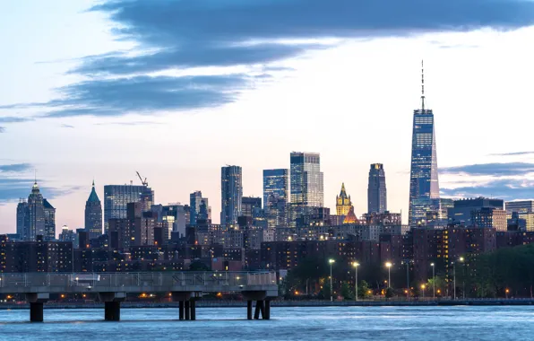 The sky, clouds, bridge, the city, lights, shore, New York, skyscrapers