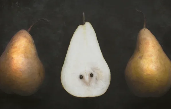 The dark background, yellow, pear, still life, grey background, painting, trio, seeds