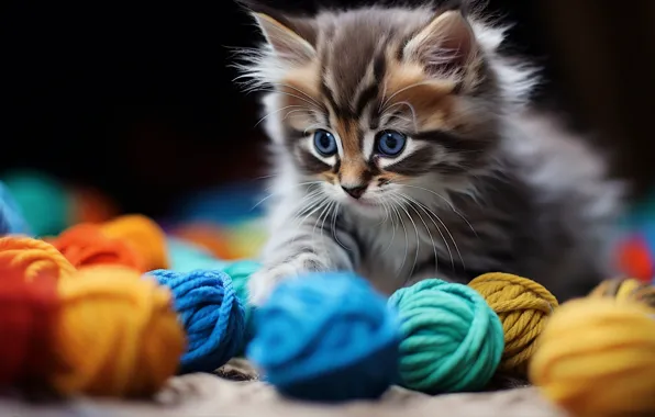 Cat, look, tangle, pose, kitty, thread, face, striped