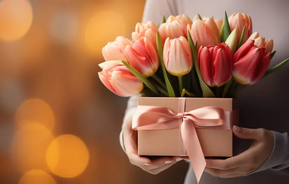 Girl, flowers, holiday, box, gift, woman, bouquet, spring