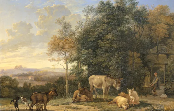 Picture animal, picture, Karel Dujardin, Landscape with Two Donkeys Goats and Pigs