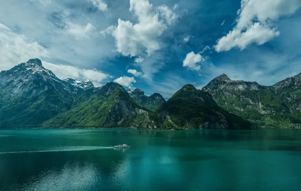 Clouds, mountains, lake, Switzerland, Alps, Switzerland, ship, Alps