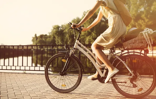 Picture summer, girl, the sun, bridge, bike