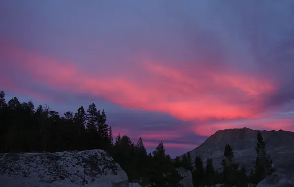 Picture the sky, clouds, trees, sunset, mountains, nature, stones, rocks