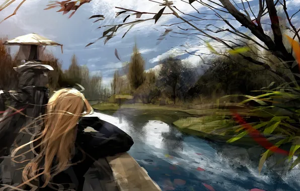 Picture girl, clouds, trees, river, the wind, figure, art, blonde