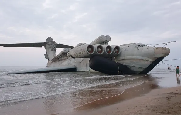 Beach, people, coast, the plane, The Caspian sea, ekranoplan Lun