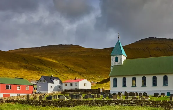 Mountains, clouds, stones, hills, home, Church, tombstones, houses