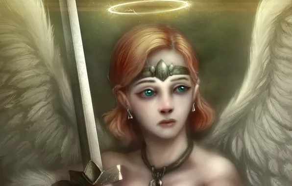 Picture girl, wings, angel, sword, art, halo