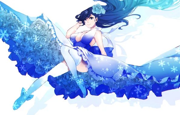 Picture flower, look, girl, snowflakes, blue, hair, anime, dress