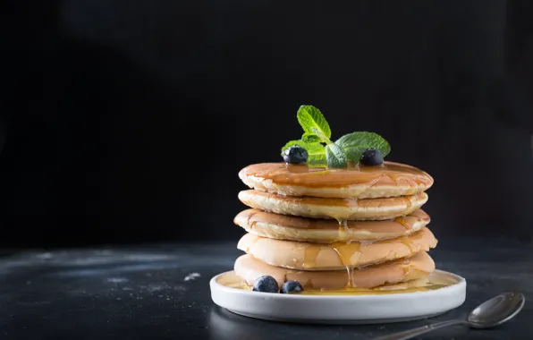 Berries, Breakfast, honey, pancakes