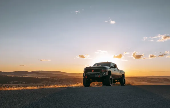 Road, the sky, the sun, clouds, hills, lights, shadow, Chevrolet