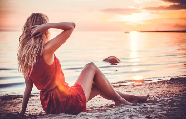 Picture sand, sea, girl, sunset, shore, the evening, dress, blonde