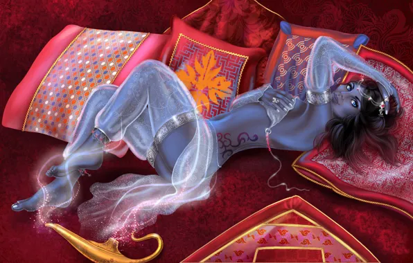 Picture girl, gin, magic lamp