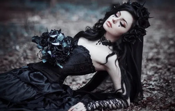 Leaves, girl, flowers, Gothic, lies, hotesse