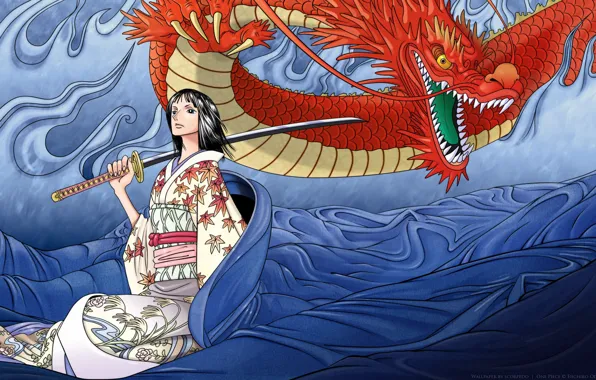 Picture fantasy, dragon, warrior. katana