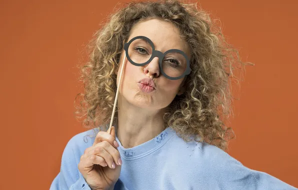 Girl, young, beautiful, kiss, glasses, curly