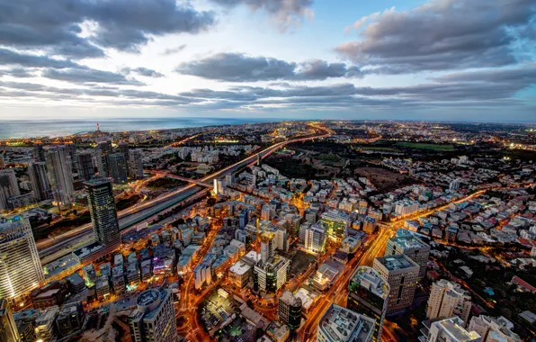 Picture road, the sky, clouds, the city, lights, building, home, dal