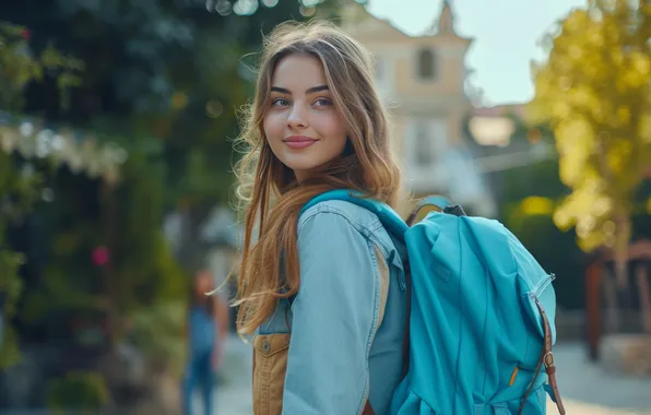 Look, girl, flowers, face, the city, smile, tree, street