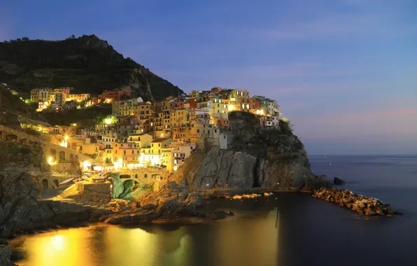 Sea, the sky, mountains, night, lights, rocks, village, Italy