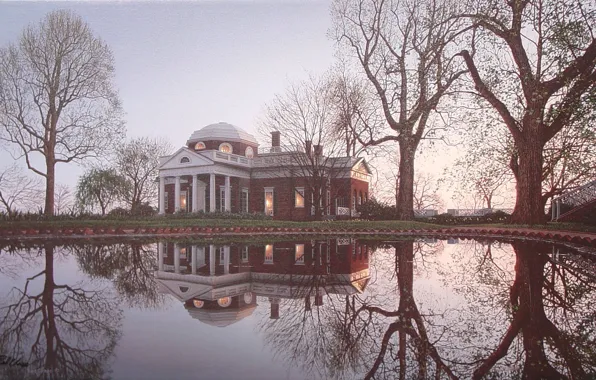 House, pond, reflection, spring, USA, USA, painting, mansion