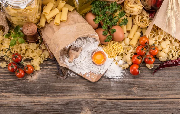 Eggs, pepper, tomatoes, different, flour, pasta, cuts, pasta