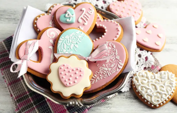Picture cookies, tape, hearts, glaze, cookies, Valentine's day, Valentines's Day