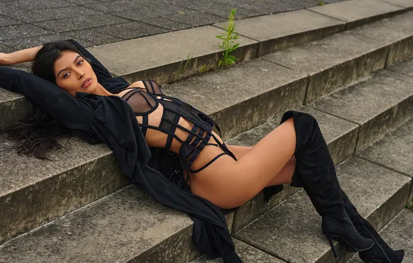 Lingerie, women, open clothes, dark hair, stairs, nipples through clothing, body harness, knee-high boots