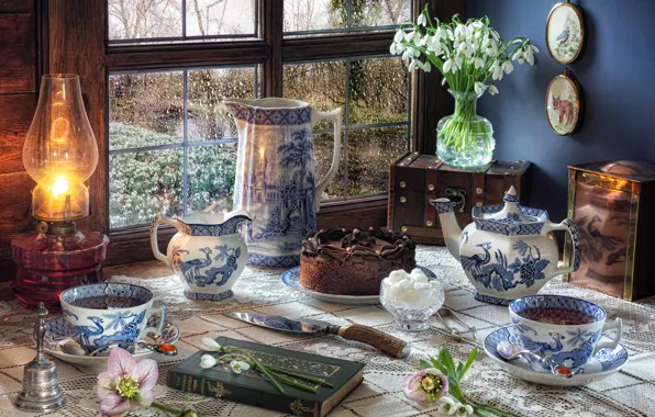 Flowers, style, lamp, kettle, window, snowdrops, Cup, cake