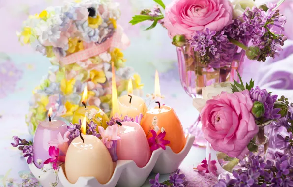 Flowers, candles, Easter, vase, lilac, Ranunculus